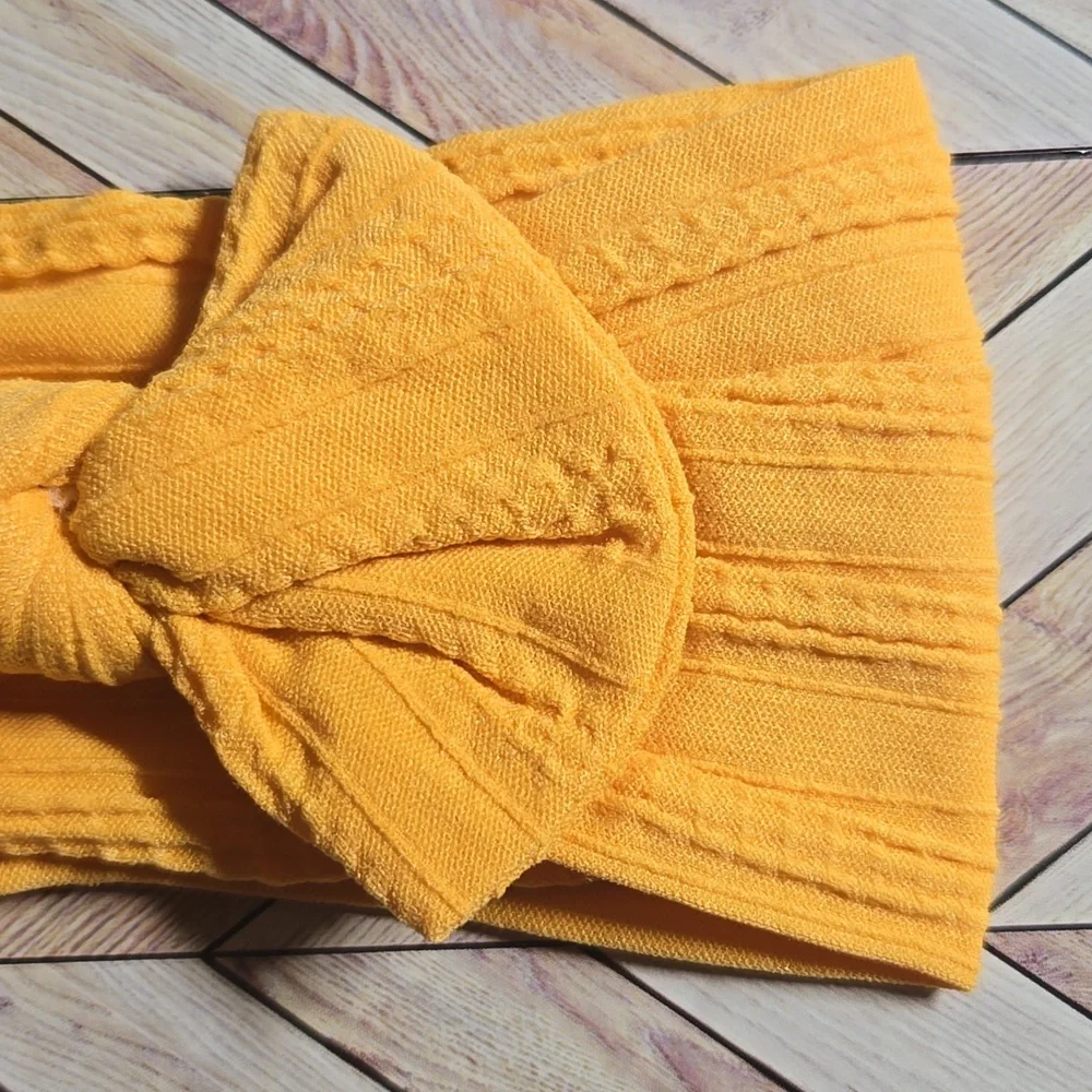 Boho Kids Bowknot Headband Mustard Yellow Cable Knit Baby Turban Soft Hairband